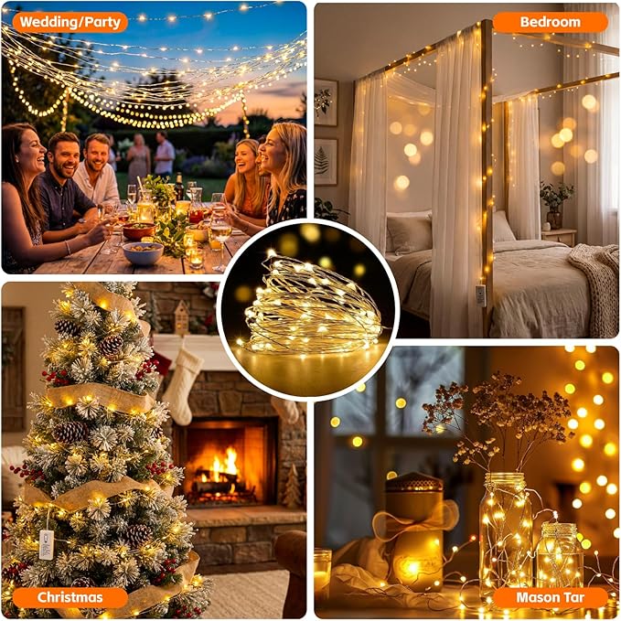4 Pack 50 LED Fairy Lights Battery Operated with DIY Timer, 16FT Rechargeable Indoor String Lights, 8 Modes Mini Twinkle Lights for Tree Craft Bedroom Vase Wedding Party Decor, Warm White