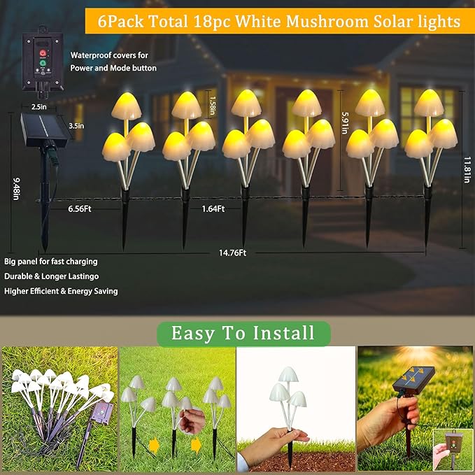 Solar Mushroom Lights for Outside, 6Pack 18 LED Mushrooms with 8 Lighting Modes, Unique Mushroom Garden Decor Gifts, Cute Mushroom Solar Lights Outdoor Garden for Path,Landscape,Yard,Patio,Lawn Decor
