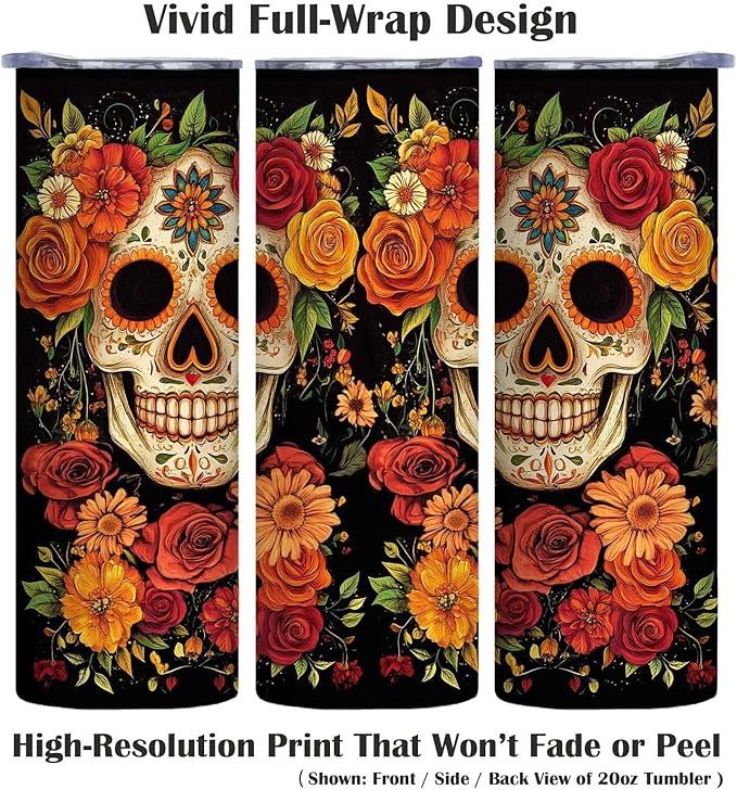 Firmiso 20 oz Tumbler｜Skinny Insulated Travel Mug｜Sugar Skull Floral Design Stainless Steel Cup with Lid and Telescopic Straw｜Gothic Boho Drinkware｜Day of the Dead Gift Idea for Women and Men