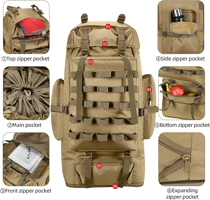 70L/100L Camping Hiking Backpack with Rain Cover, Expandable Large Military Tactical Backpack, Waterproof Molle Racksack Travel Backpacking Daypack for Climbing Trekking (Khaki)