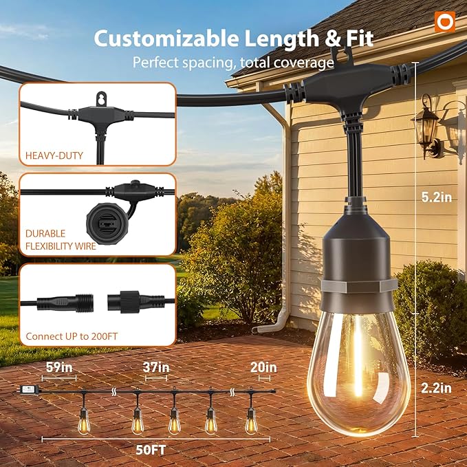 addlon 50FT Outdoor String Lights LED with Remote Dimmable Patio Lights Waterproof Shatterproof Edison Bulb for Outside Backyard Porch Garden Bistro Pergola Party Decor, Warm Ambience Lighting