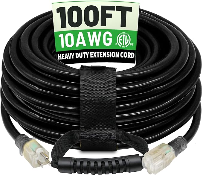POWGRN 100 Ft 10AWG Black Outdoor Extension Cord Waterproof Heavy Duty 10 Gauge 3 Prong, Flexible Cold-Resistant Long Power Cord Outside with Lighted Indicator End, 15Amp 1875W SJTW ETL Listed