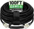 POWGRN 100 Ft 10AWG Black Outdoor Extension Cord Waterproof Heavy Duty 10 Gauge 3 Prong, Flexible Cold-Resistant Long Power Cord Outside with Lighted Indicator End, 15Amp 1875W SJTW ETL Listed