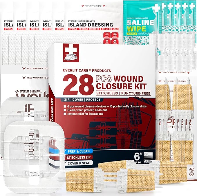 EVERLIT CARE Wound Closure Kit | 28 Pcs All-in-One First Aid with Suture-Free, Stitchless Zip Devices, Butterfly Bandages, for up to 6" Wounds | 100% Sterile Medical Supplies to Clean, Cover & Heal