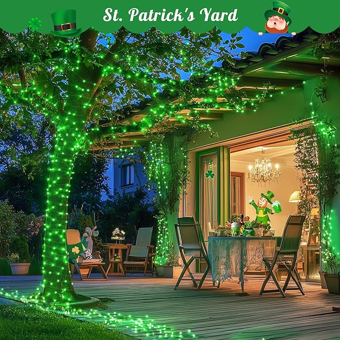 JMEXSUSS 2 Pack St Patricks Day Solar Lights, Each 33ft 100 LED Green Solar Lights Outdoor, Waterproof Fairy String Light for Outside Patio Garden Party Tree Christmas Decorations
