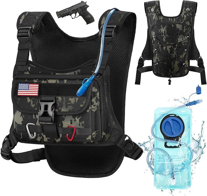 RAINSMORE Hydration Vest with 2L Water Bladder Lightweight Reflective Chest Pack for Cycling Hiking Adjustable Shoulder Strap for Men Women