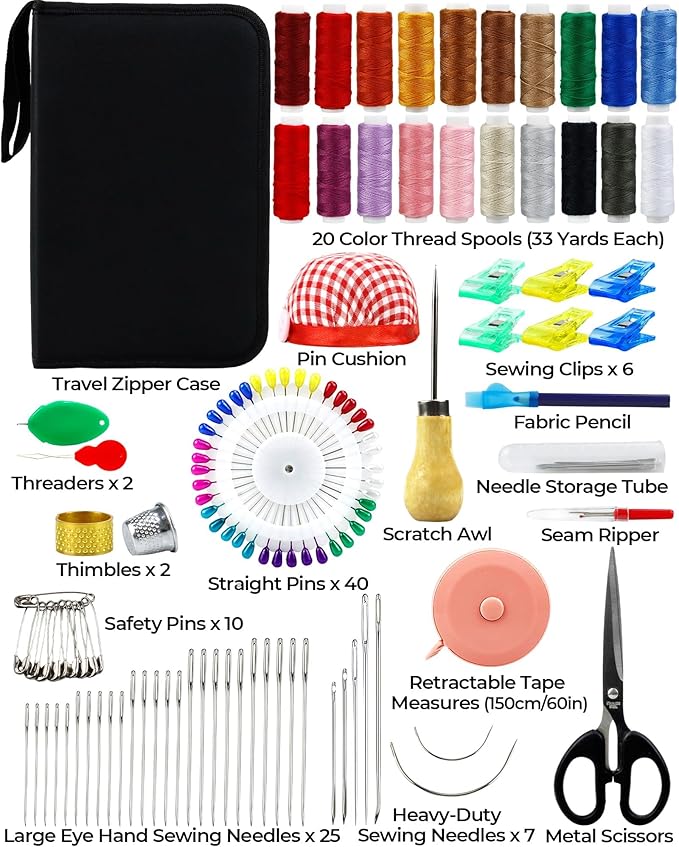 PLANTIONAL Heavy Duty Sewing Kit: 120pcs Needle and Thread Kit 20 Color with Large-Eye Sewing Needles, Awl, Clip, Sewing Supplies, Sewing Kit for Adults, Beginner, Upholstery Repair, Emergency, Travel