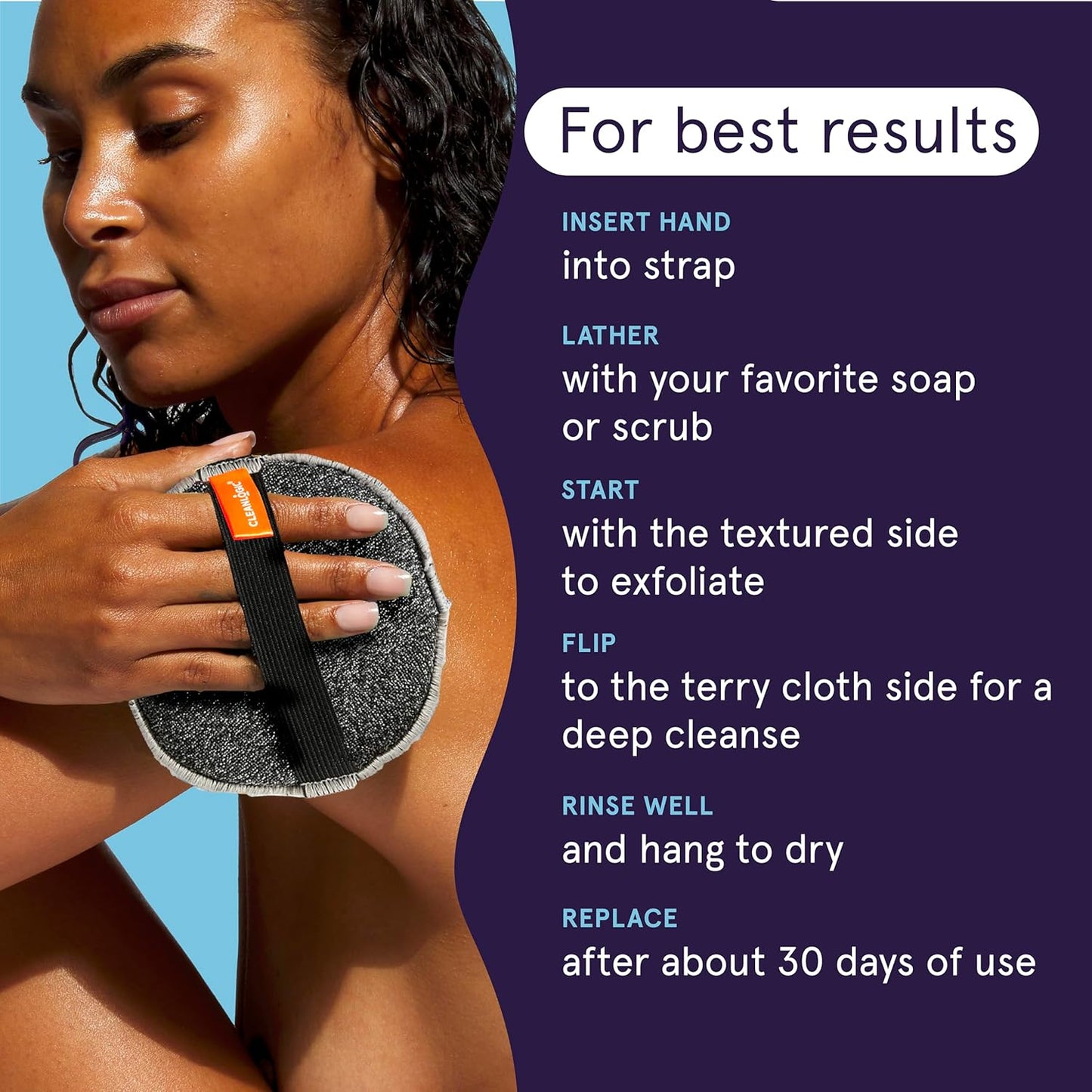 Cleanlogic Detoxify Purifying Charcoal Infused Exfoliating Body Scrubber, Dual-Texture Round Exfoliator Tool for Smooth, Clean Skin, Daily Skincare Routine, 3 Count Value Pack