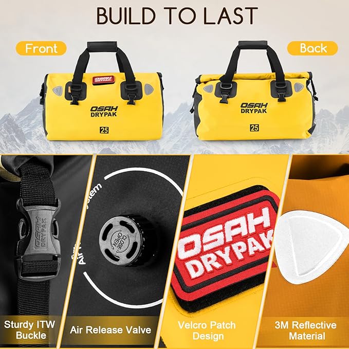 OSAH DRYPAK Waterproof Duffel Bag - Motorcycle Dry Bag Tail Bag with Large Storage Space, Waterproof Luggage Duffle Bags with Outer Mesh Zipper Pocket for Camping, Kayaking, Fishing & Traveling