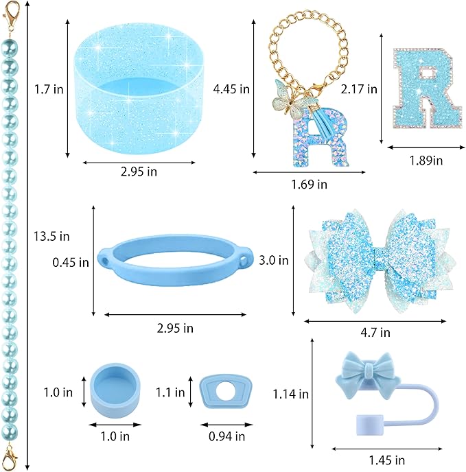 9PCS Blue for Stanley Cup Accessories Set Bling Initials Bow Charms for Stanley Decorations 30/40 Oz Tumbler Accessories Including Bow Straw Topper, Handle Strap, Spill Stopper（Letter R）