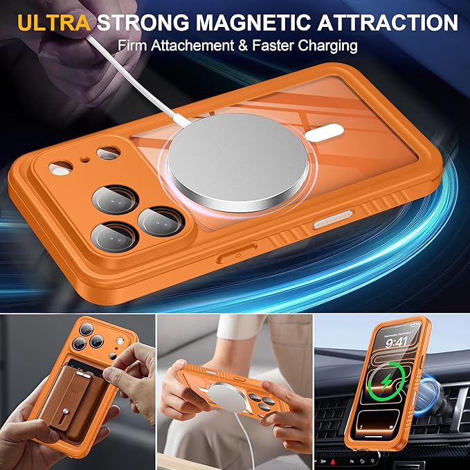 ANTSHARE for iPhone 17 Pro Case, Compatible with Magsafe, IP68 Waterproof Case, [Built-in Screen Protector] - 12 FT Military Dropproof - Full Body Heavy Duty Rugged Phone Cover - Orange/Clear