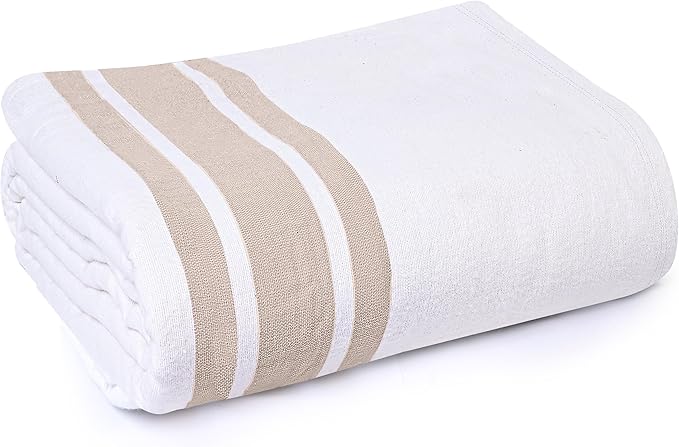 Linteum Textile Cotton Blended Hospital Patient Bath Blanket, Bed Bath Sheet, Twin Blanket Lightweight Sheet Blankets 70x90 in, 1.75 lb. White with Beige Stripes