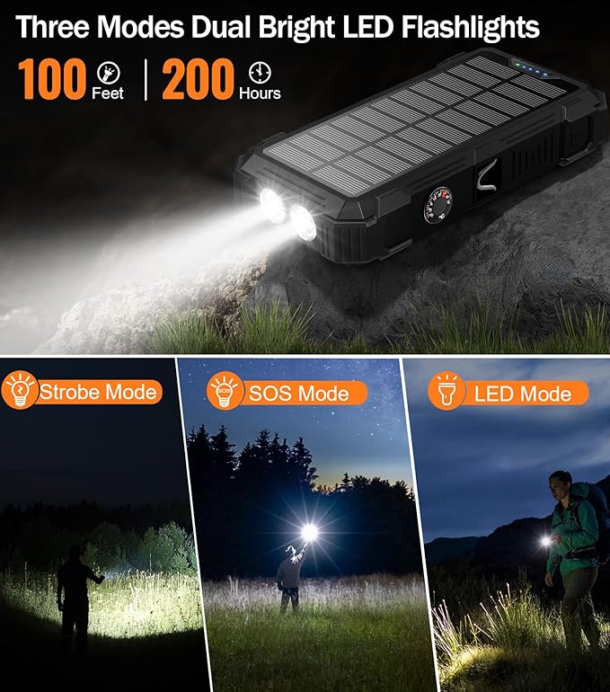 Sudrov Solar Charger Power Bank, 42800mAh Wireless Portable Charger with USB-C in/Output, QC3.0 Fast Charging 15W 4 Ports Outdoor Battery Pack Built-in LED Flashlight, for iPhone, Galaxy, iPad etc