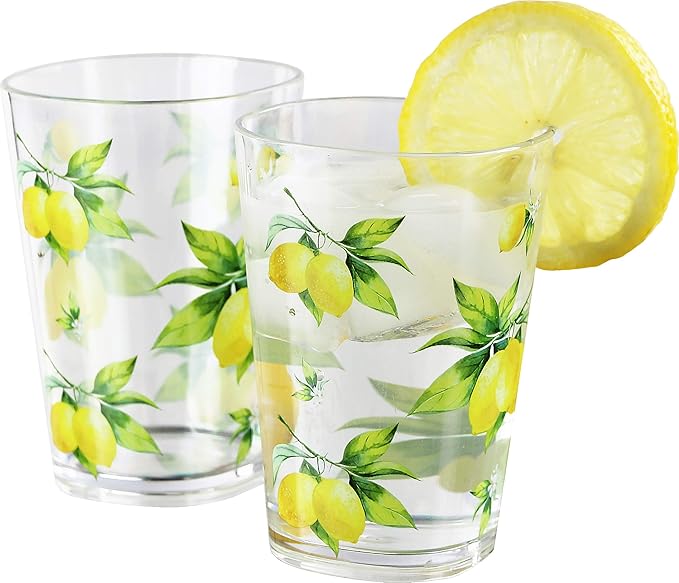 Calypso Basics Fresh Lemons, by Reston Lloyd, 8oz Acrylic Juice Drinkware, Set of 6, white, lemon, green