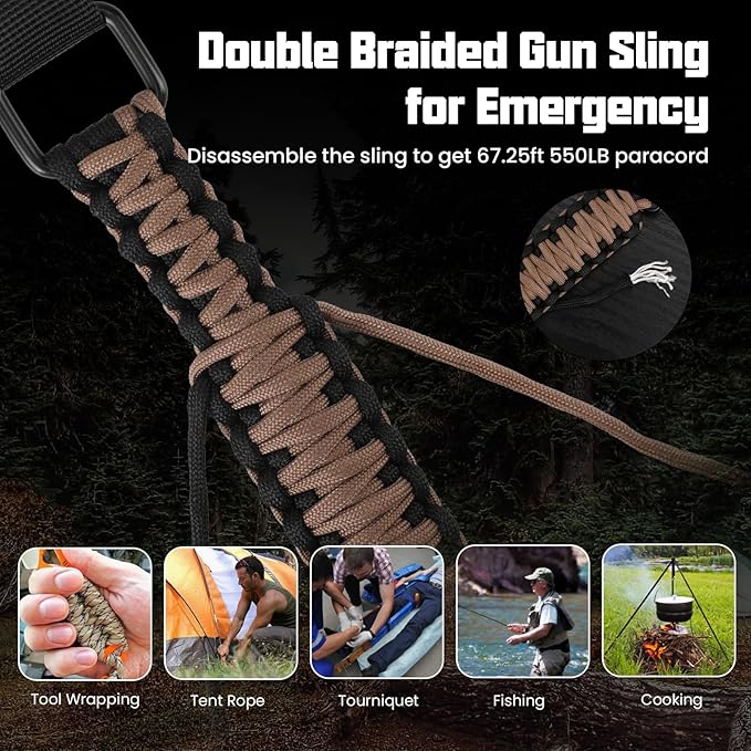 Double Braide 550LB Shotgun Sling 2 Point Paracord Rifle Sling,Non-Slip Traditional Adjustable Gun Sling for Hunting Shooting Camping