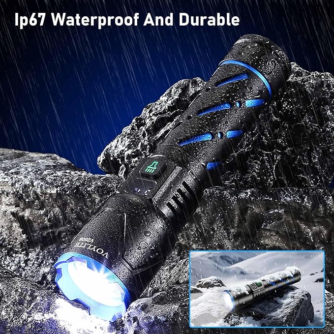 Rechargeable Flashlights High Lumens - 100000 LM, 5000mAh Battery with LCD Display, 3 Modes, Zoomable & IP67 Waterproof - for Camping, Dog Walking, Emergencies