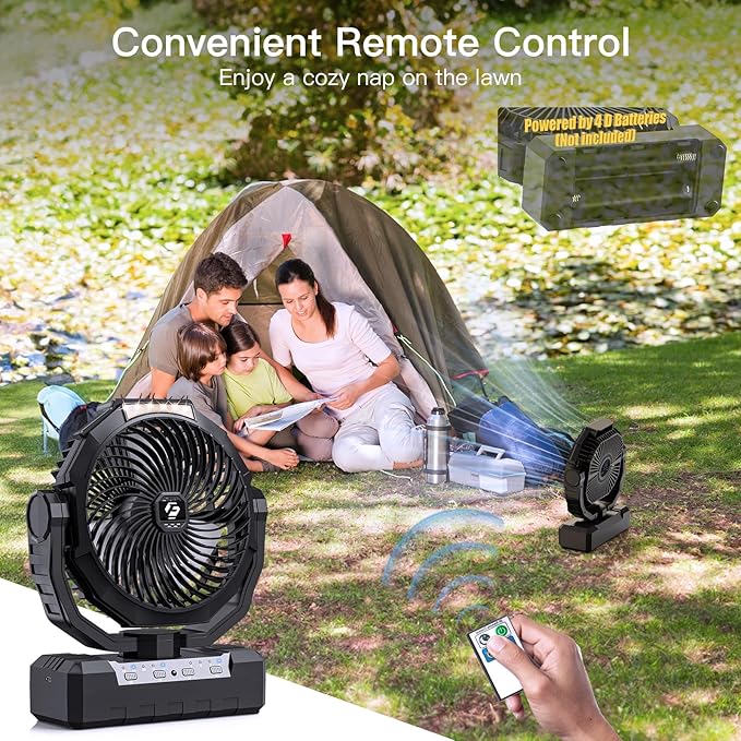 Battery Operated Fan [200H Max], 2 in 1 D-Cell Battery & USB Powered Fans, Portable Camping Fan with 4 Speeds, Light, Timer, Remote for Outdoor Tent, Travel, Picnic, Office, Bedroom - Black