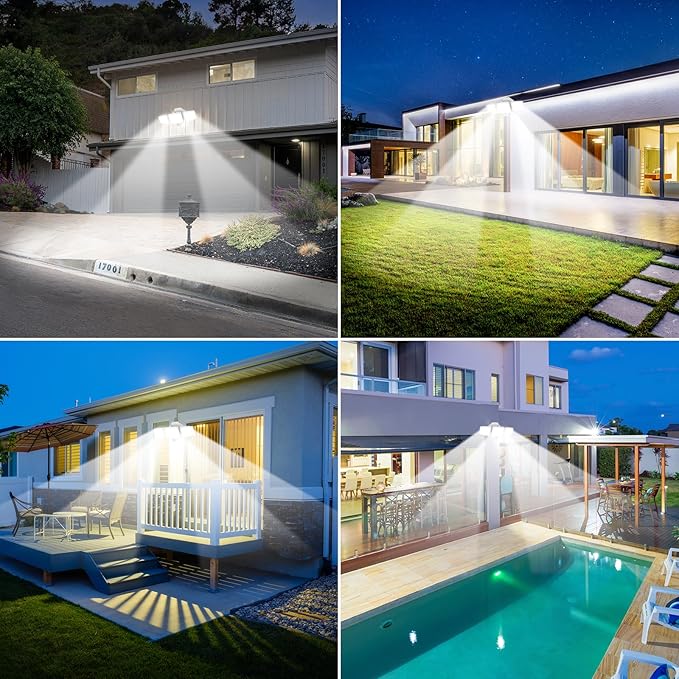 LED Security Lights Motion Sensor Outdoor Lights, 6500K Daylight, IP65 Waterproof, Dusk to Dawn, 3-Head Motion Detected Flood Light for Garage, Yard, Porch, White