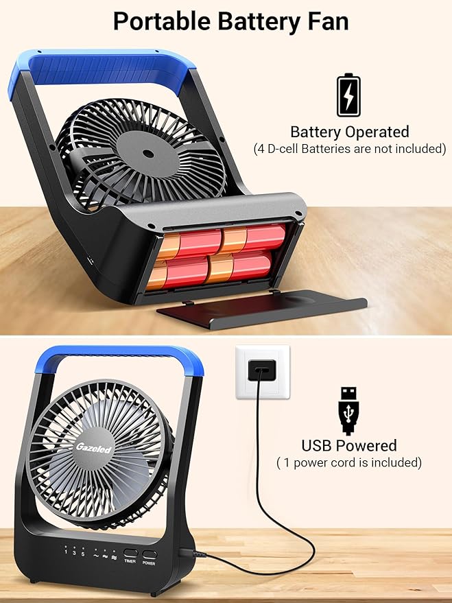 Gazeled Battery Operated Fan, Camping Fan Battery Powered, Super Long Lasting, 5'' Portable D-Cell Battery Powered Desk Fan with Timer, 3 Speeds, Quiet, 180° Rotation, for Office,Bedroom,Outdoor, F24