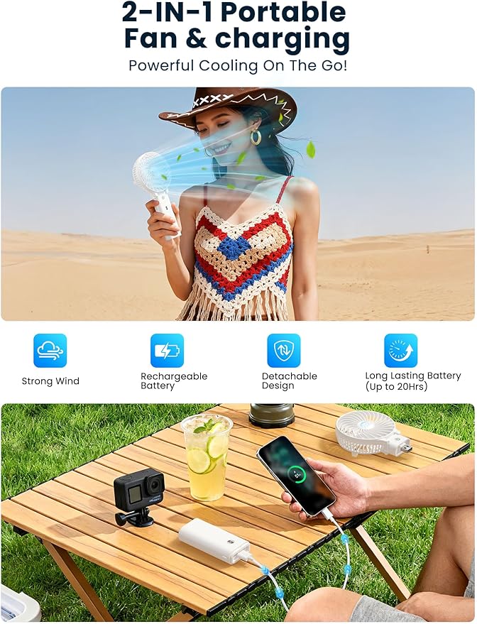 HandFan 5200mAh Portable Handheld Fan - 3 Speeds, 180° Foldable, Rechargeable Personal Cooling Fan, 20H Long Runtime for Travel, Disney, Games, Park, Concerts, Summer & Outdoor Use (White)