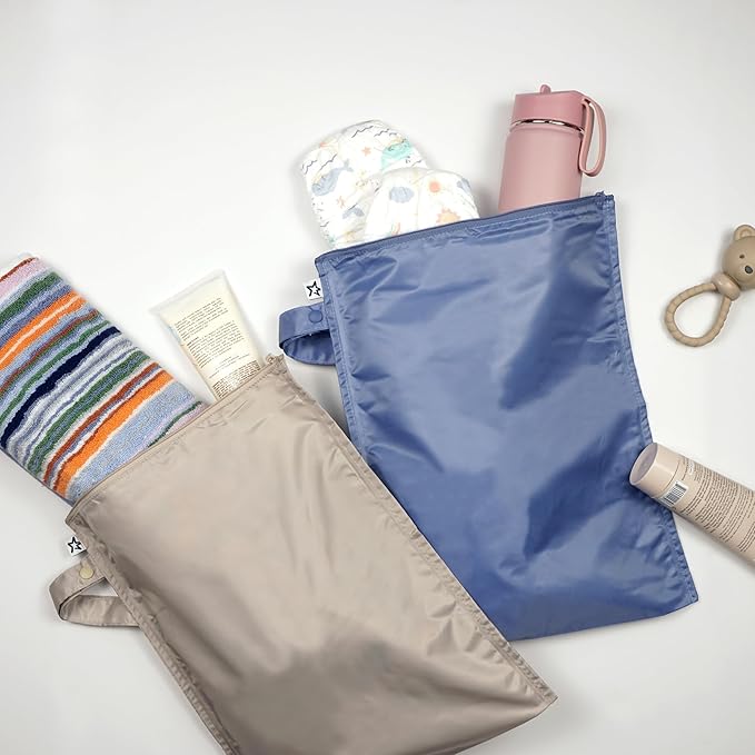 Tiny Twinkle Mess Proof Wet Bags | 2-Pack Reusable Waterproof Wet Bags for Swimsuits | Baby Clothes | Travel & Diaper Bag (Periwinkle,Pebble)