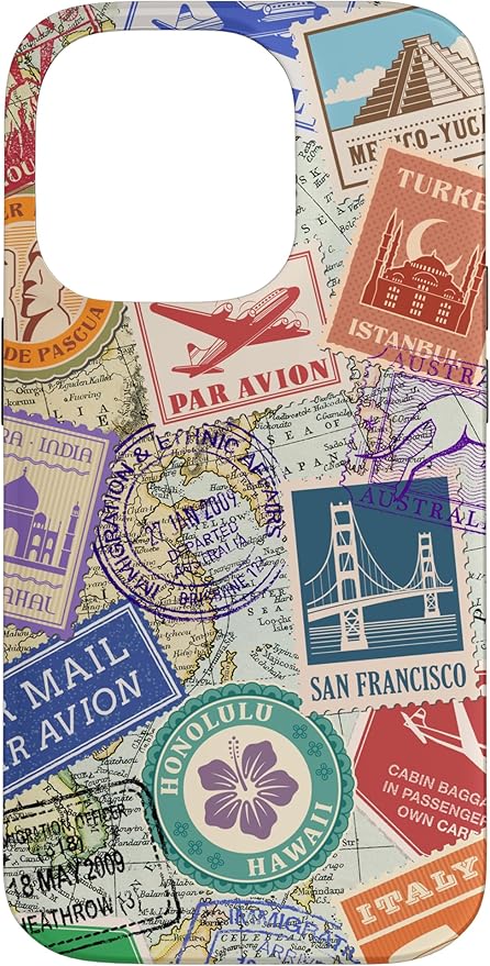 World Map Travel Passport Stamps Postage Stamp Case for iPhone 14 Pro
