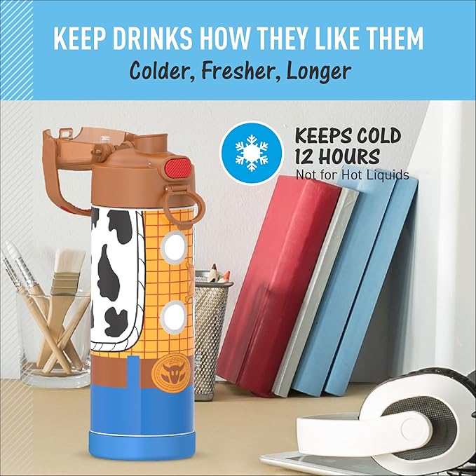 THERMOS FUNTAINER 16 Ounce Stainless Steel Vacuum Insulated Bottle with Wide Spout Lid, Toy Story Woody