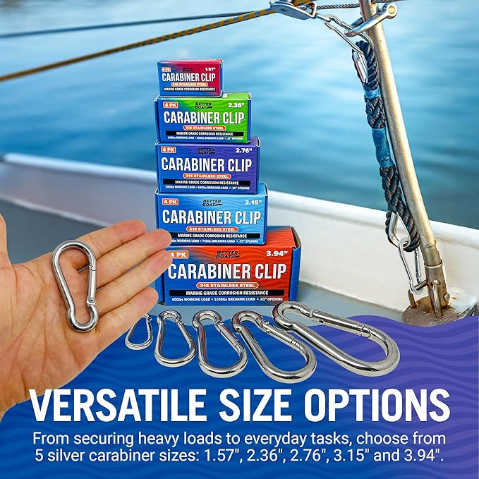 Stainless Steel Carabiner Clip, 4 Pack, 316 Marine Grade, Heavy Duty Spring Snap Hooks, Mini and Large Sizes, 2" to 4" Options