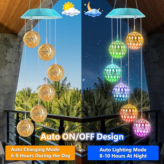 Toodour Solar Wind Chime, Color Changing Moroccan Ball Wind Chimes, LED Decorative Mobile, Gifts for Mom, Waterproof Outdoor Decorative Lights for Garden, Patio, Party, Yard, Window Outdoor Decor