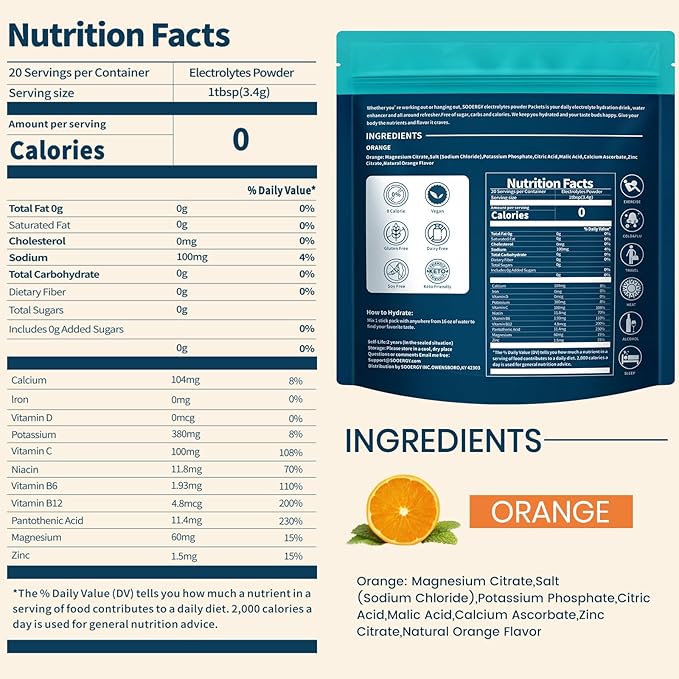 Electrolytes Powder Packets Sugar Free Hydration Packets, Liquid Daily IV Electrolyte Drink Mixex for Rehydration with Electrolytes, Vitamins, 0 Calorie, Orange Flavor, 20 Sticks