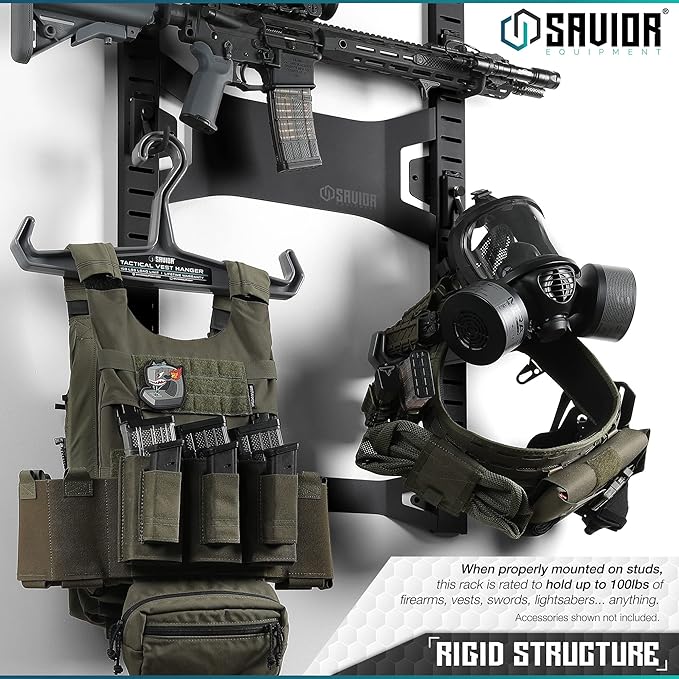 Savior Equipment Horizontal Steel Wall Mount Firearm Rifle Display Rack, Compound Bow Shotgun Carbine Gun Sword Tactical Vest Gear Hanger Free-Standing Indoor Storage Organizer, 10 Mounting Hooks