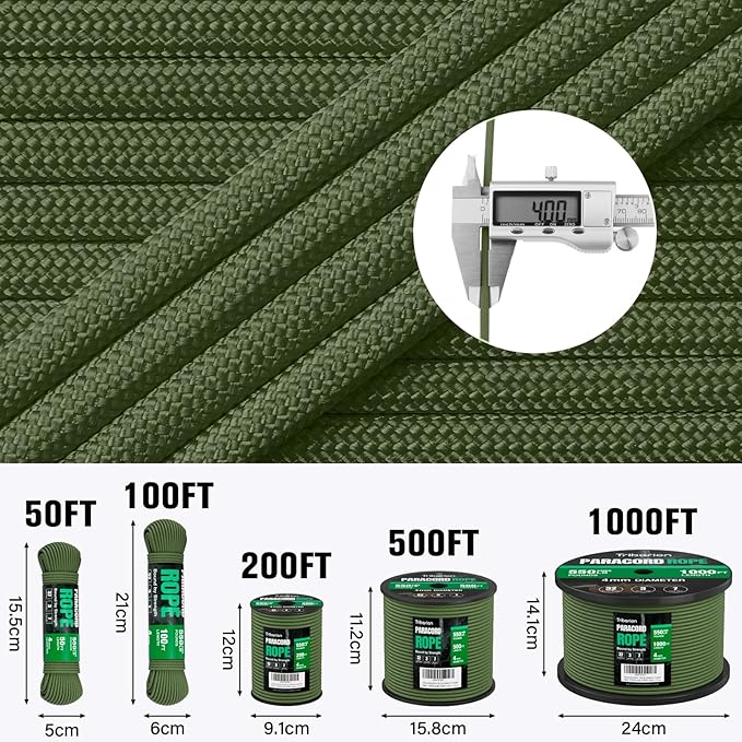 Paracord Rope 550 lb - 200ft 5/32" Parachute Cord 4MM 7-Strand para Cord - Heavy Duty Spool String for Survival,Camping Gear, Survival Bracelet, Clothesline - Army Green
