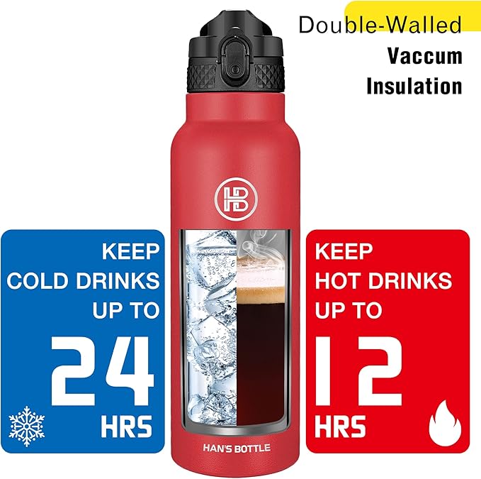 Han's Bottle Sports Water Bottle - 24 Oz, Straw Lid, Leak Proof, Vacuum Insulated Stainless Steel, Double Walled, Thermo Mug,Red