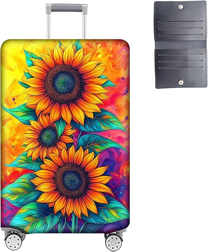 Luggage Cover Protector for 26-28 Inch Suitcases, TSA Approved Elastic Travel Suitcase Covers, Anti-Scratch Washable Luggage Sleeve for Carry On & Checked Bags, Three Sunflowers