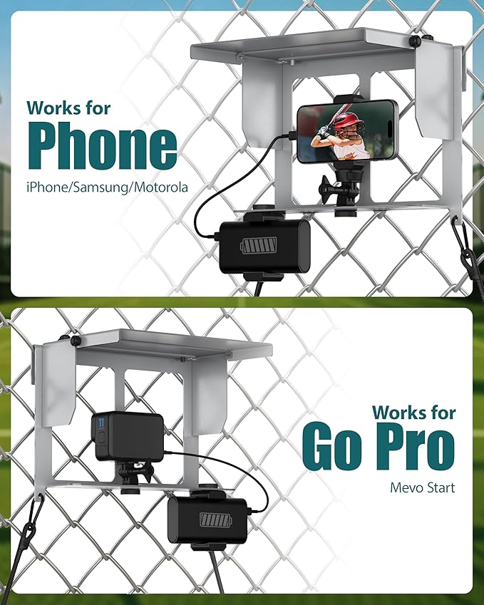 Stouchi Game Changer Mounting Kit, Fence Mount with Adjustable Sun Shade Power Bank Clip, Stable No-Shake Recording Kit for iPhone, Samsung, GoPro, Mevo Start for Baseball Softball Tennis-Silver