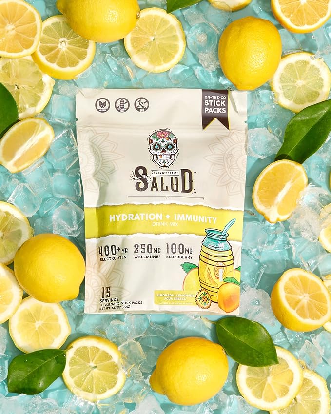 Salud 2-in-1 Hydration Packets + Immunity Electrolytes Powder, Lemonade - Agua Fresca Drink Mix, Elderberry, Dairy & Soy Free, Non-GMO, Gluten Free, Vegan, Low Calorie, 1g Sugar (15 Servings)