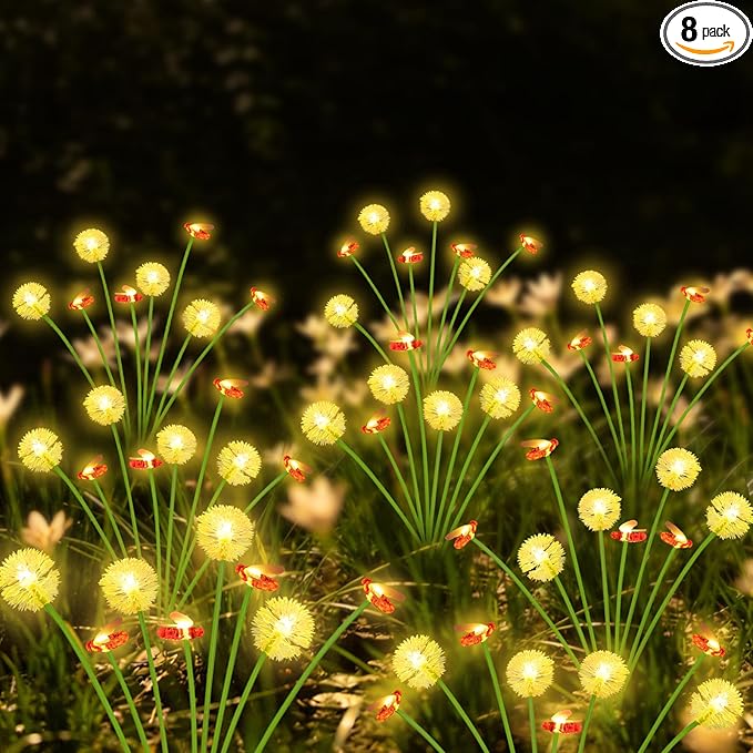 Solar Garden Lights Outdoor ,8 Pack 64 LED, Solar Swaying Dandelion Bee Lights Waterproof, Swaying Firefly Lights for Yard Pathway Lawn Patio Decorations, 2 modes (Steady on, Slow Twinkle), Warm White