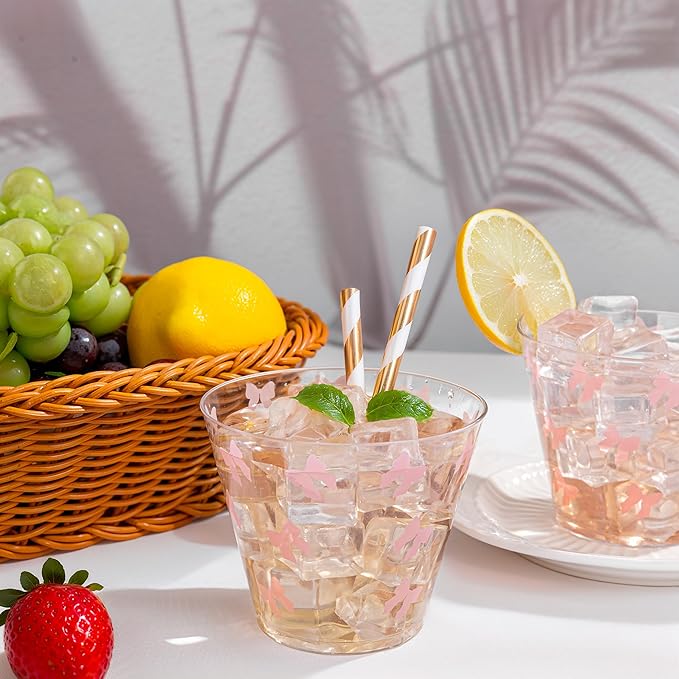I00000 200 Pcs 9 oz Clear Plastic Cups with Pink Bow, Clear Disposable Cups Wine Glasses Cocktail Glasses Premium Cup Perfect for Wedding, Birthday & Party
