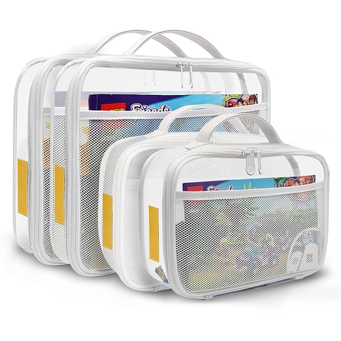 holay 4 Packs PVC Toy Storage Organizer with Zipper, Name Tag & Manual Pocket, Clear Durable Case for Blocks, Clay, Board Games, Travel (White, Small, Large)