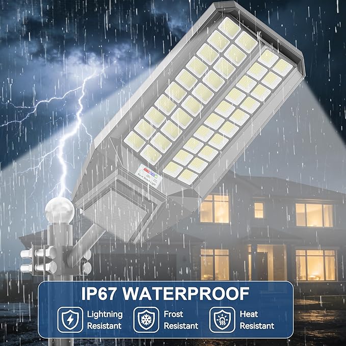 Solar Street Lights Outdoor, Commercial Grade Dusk to Dawn LED Security Flood Light, 300000 Lumens Motion Sensor Area Lighting with Remote for Parking Lot, Yard, IP67 Waterproof, 7000K Daylight 2Pack