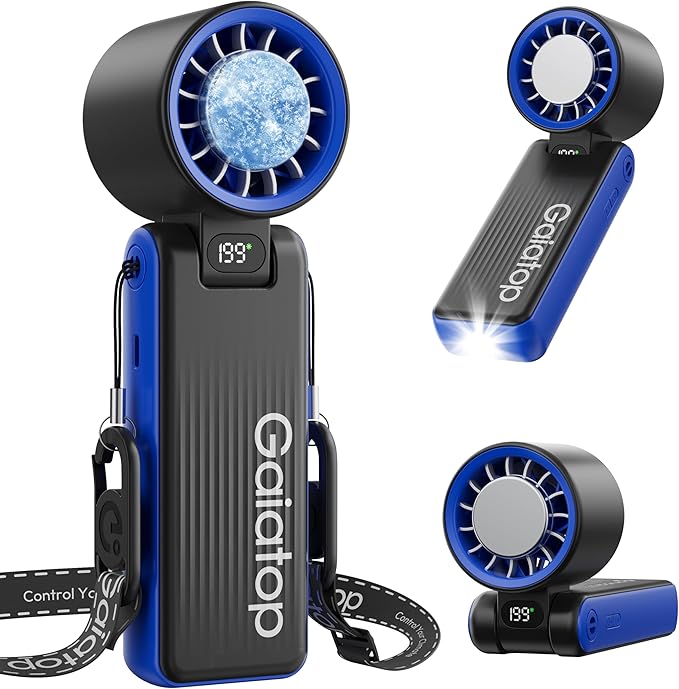 Gaiatop Portable Handheld Turbo Fan with Ice Cooler, 32H Cooling, 5 Speed (1-199) Personal Fan, 6000mAh Rechargeable Mini Fan with LED Light for Outdoor Camping Working Home, Classic Blue