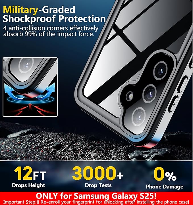 SPIDERCASE Only Designed for Samsung Galaxy S25 Case Waterproof,Built-in [ Screen + Camera Lens Protector][IP68 Underwater] Full Protection Heavy Duty Shockproof Anti-Scratched Phone Case,Black