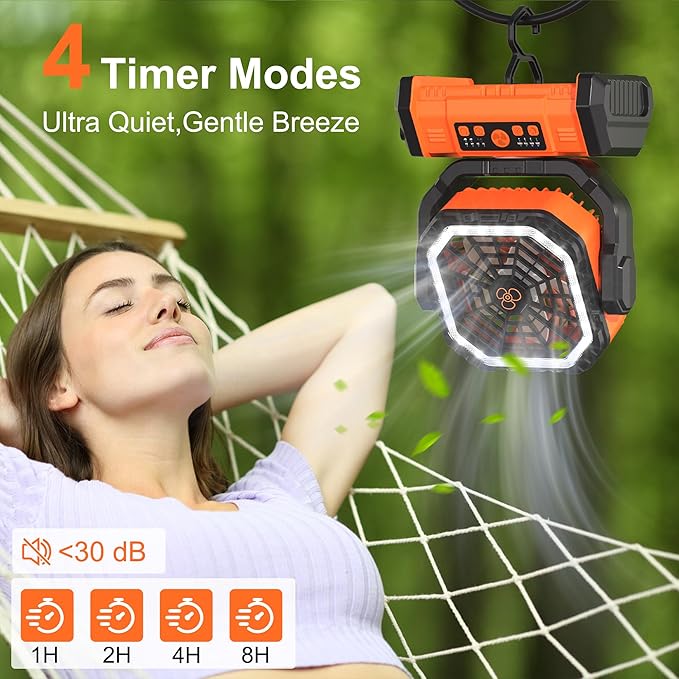 Honesorn Portable Rechargeable Fan 20000mAh, Camping Fan with LED Light & Remote, USB C Cordless Battery Powered, 4 Speeds Timer Hanging Hook for Travel Tent Outdoor Essentials - Orange