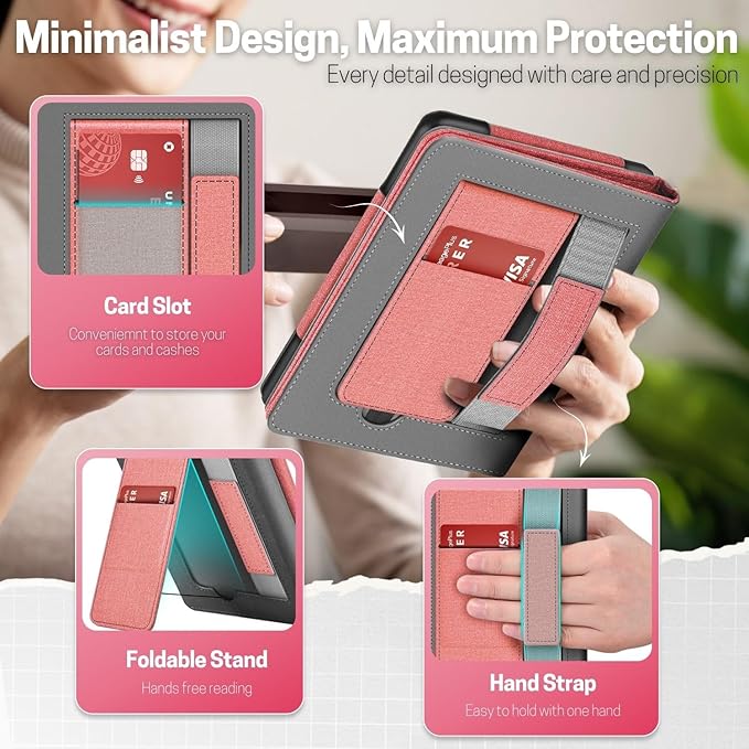 TNP Stand Case with Strap for Kindle Paperwhite 12th Gen 2024 / Kindle Colorsoft Signature Edition - 7" PU Leather Protective Folio Cover with Auto Wake/Sleep & Card Slot, Pink