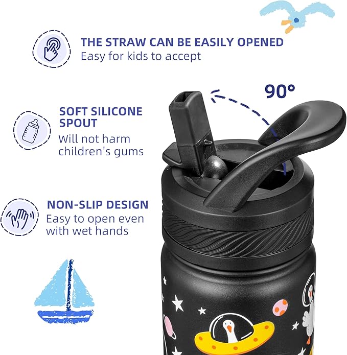 Fanhaw 18 Oz Kids Insulated Water Bottle with Straw - Stainless Steel Double Wall Vacuum Cup, Leakproof, BPA Free, Suitable for Boys and Girls(Black - Duck in Space)