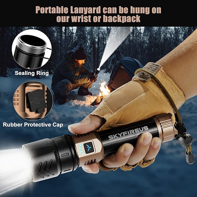 SKYFIRE Rechargeable Flashlights High Lumens,10000mAh Super Bright Flashlight Zoomable 4Modes Waterproof LED Tactical Flash Light for Camping Essentials,Outdoor and Home Emergencies