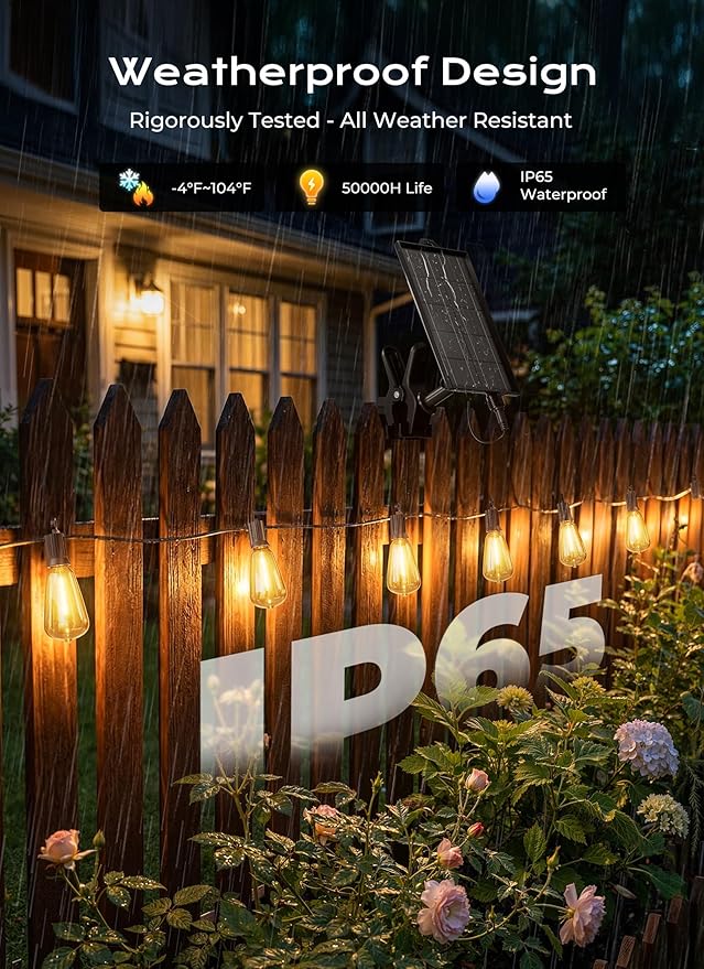 Brightown 108FT Solar String Lights Outdoor Waterproof, Patio Lights with Remote and 50+2 LED Shatterproof Bulbs, Dimmable & Timable, 3 Light Modes, Solar Lights Outdoor for Yard Garden Camping Party