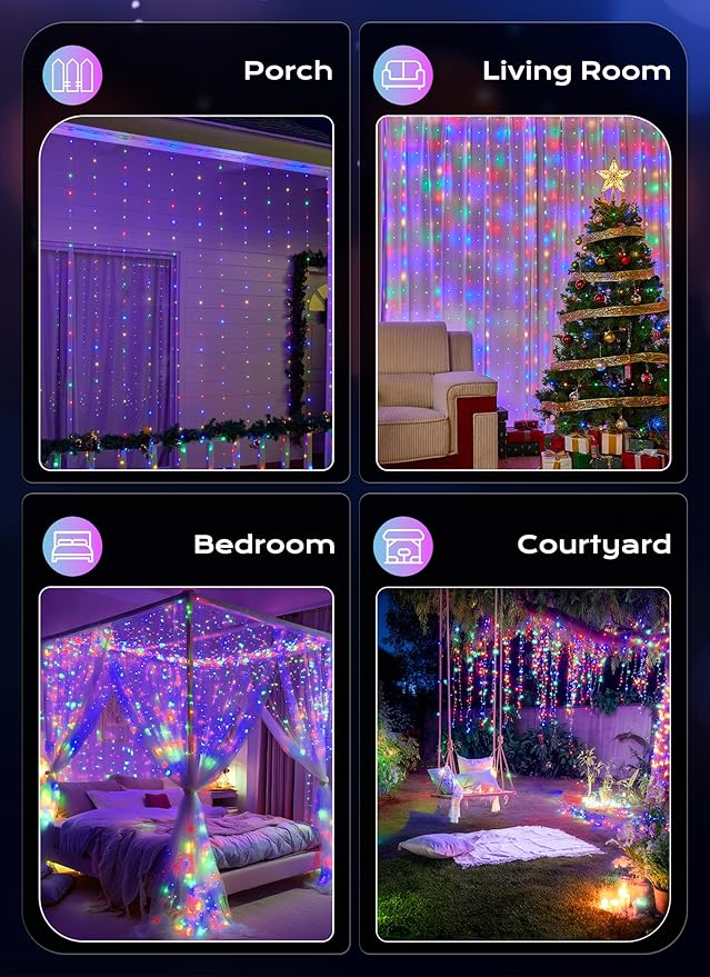Brightown 300 LED Fairy Curtain Lights, Curtain String Lights, USB Plug in 8 Lighting Modes Christmas Decoration, Hanging Lights with Remote for Bedroom Indoor Weddings Dorm Multicolor 1 Pack