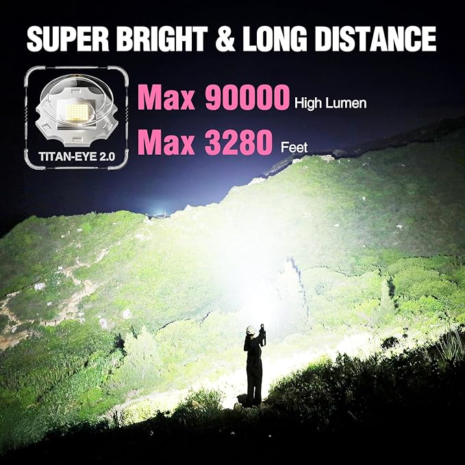 WdtPro Rechargeable LED Flashlights High Lumens, Super Bright 90000LM Rechargeable Flashlight with LCD Display, 5 Modes & Waterproof Powerful 10000mAh Handheld Flashlight for Camping Emergency Pink