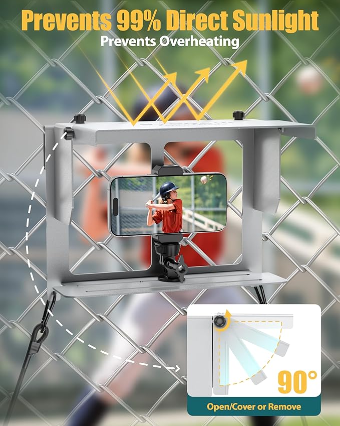 Stouchi Game Changer Mounting Kit, Fence Mount with Adjustable Sun Shade Power Bank Clip, Stable No-Shake Recording Kit for iPhone, Samsung, GoPro, Mevo Start for Baseball Softball Tennis-Silver